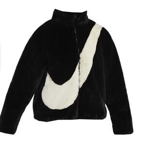 Nike Sportswear Womens Black Fossil Faux Fur Full Zip Jacket Size XS DO3791-010